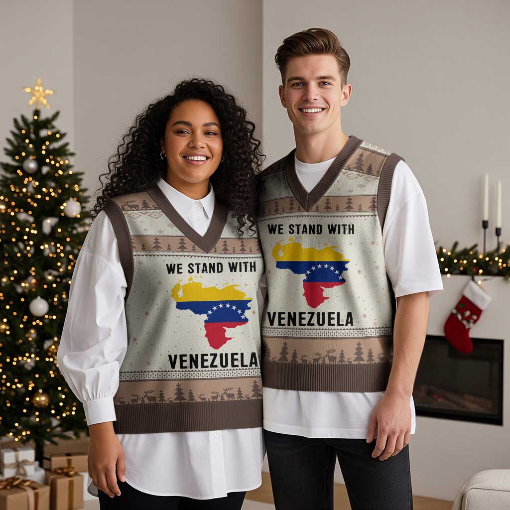We Stand With Venezuela V-Neck Knit Sweater Vest Venezuelan Flag Unity Graphic TS02 Mocha Mousse Print Your Wear