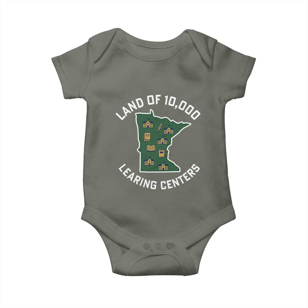Land of 10000 Learing Centers Funny Minnesota Meme Baby Onesie Viral Education Typo Parody TS02 Military Green Print Your Wear