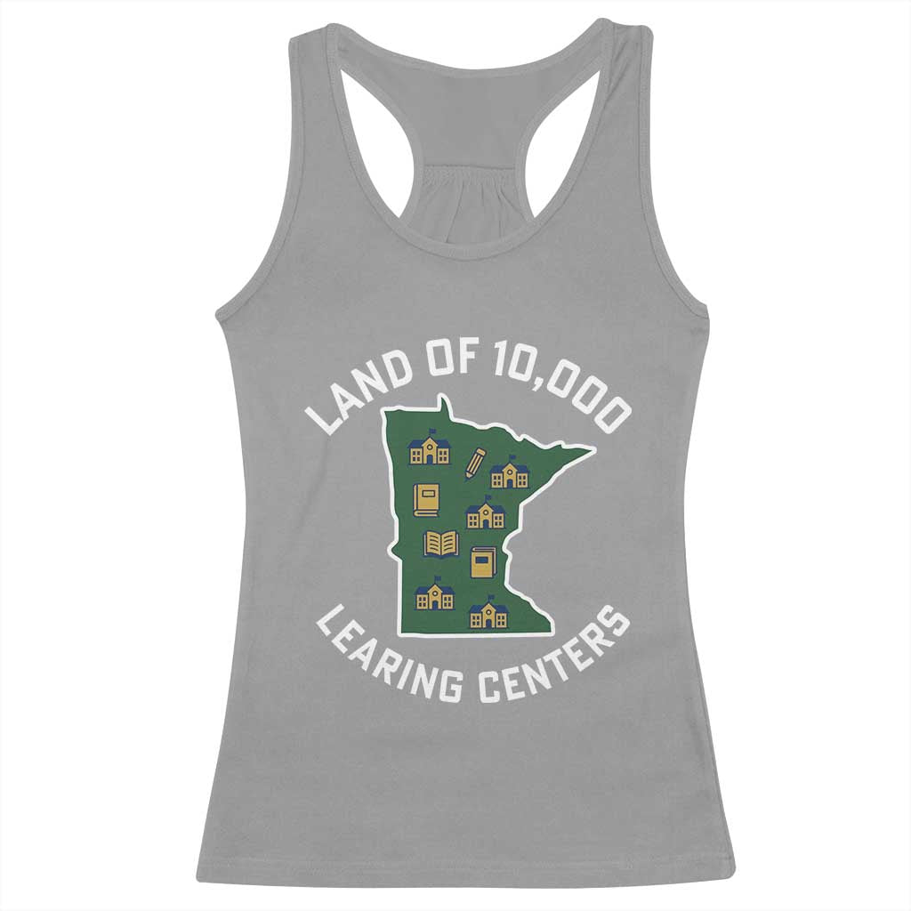 Land of 10000 Learing Centers Funny Minnesota Meme Racerback Tank Top Viral Education Typo Parody TS02 Sport Gray Print Your Wear