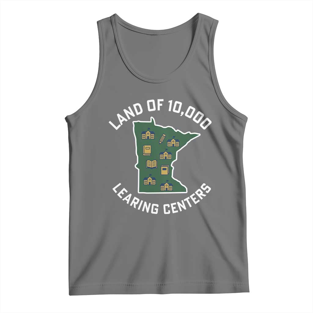 Land of 10000 Learing Centers Funny Minnesota Meme Tank Top Viral Education Typo Parody TS02 Black Heather Print Your Wear