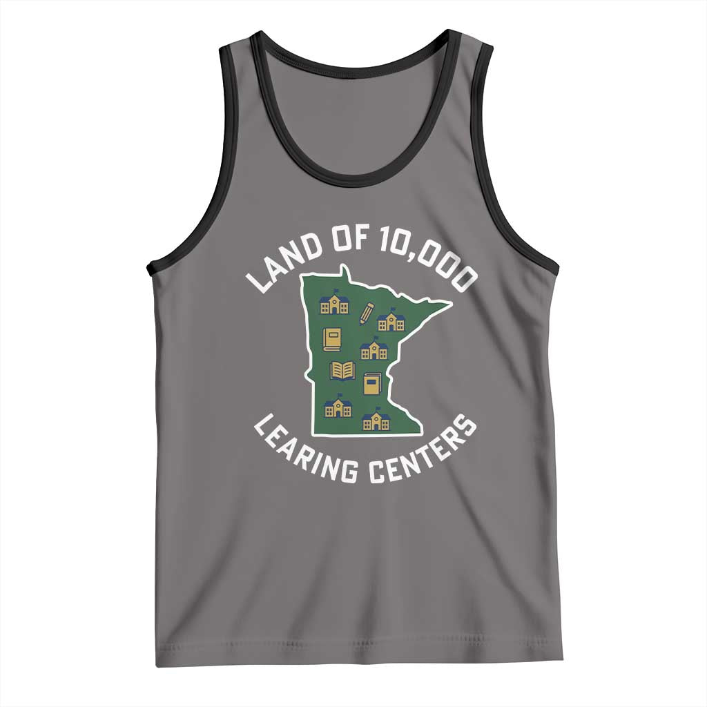 Land of 10000 Learing Centers Funny Minnesota Meme Tank Top Viral Education Typo Parody TS02 Deep Heather Black Print Your Wear