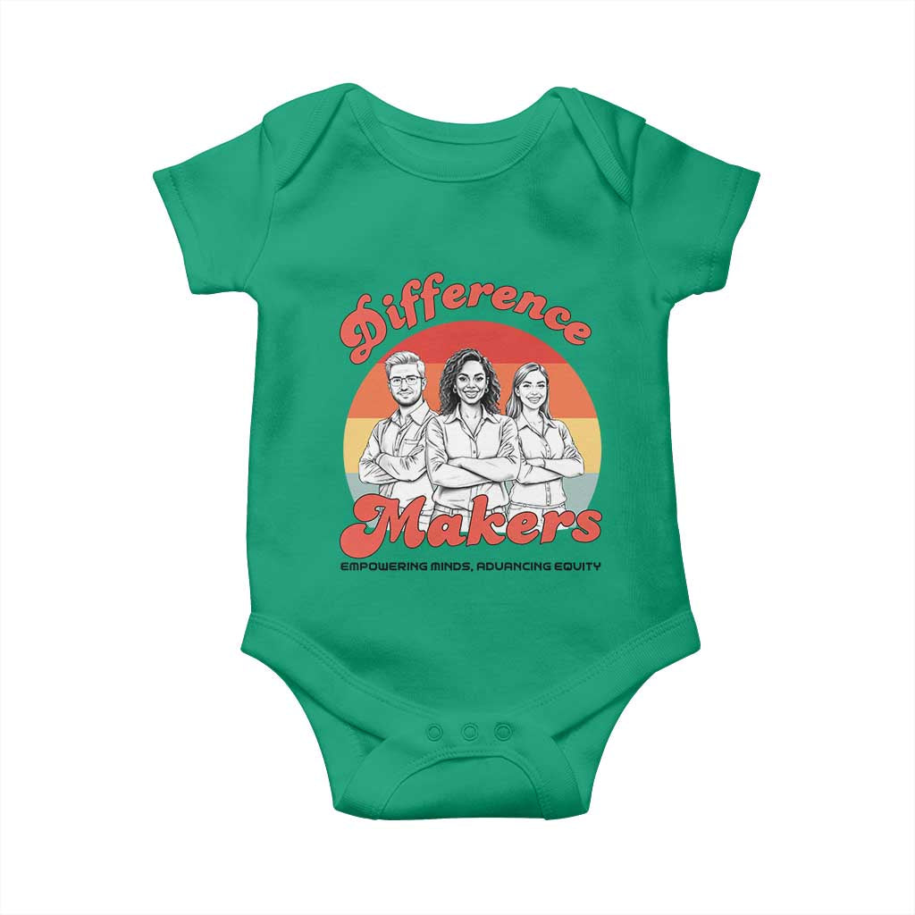 Difference Makers Teacher Appreciation Baby Onesie Empowering Minds & Advancing Equity Retro Educator TS02 Irish Green Print Your Wear