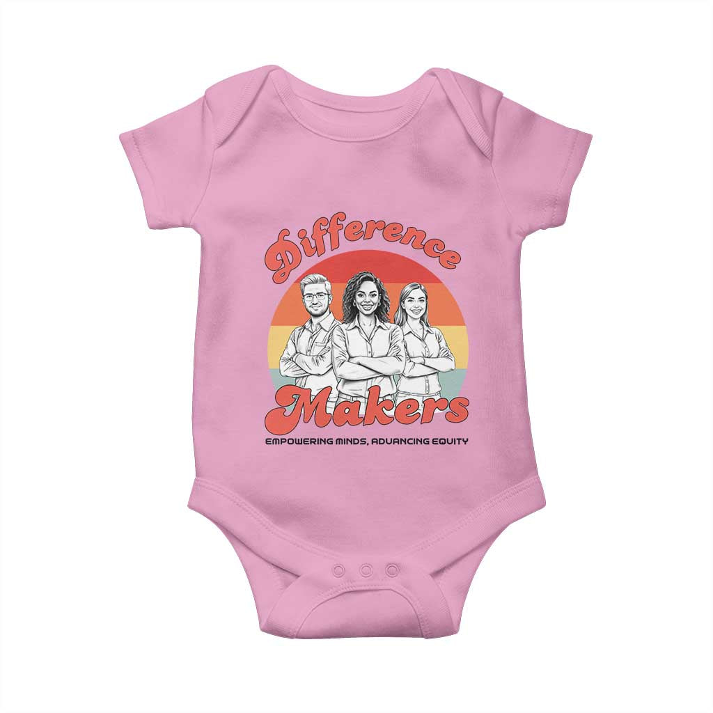 Difference Makers Teacher Appreciation Baby Onesie Empowering Minds & Advancing Equity Retro Educator TS02 Light Pink Print Your Wear