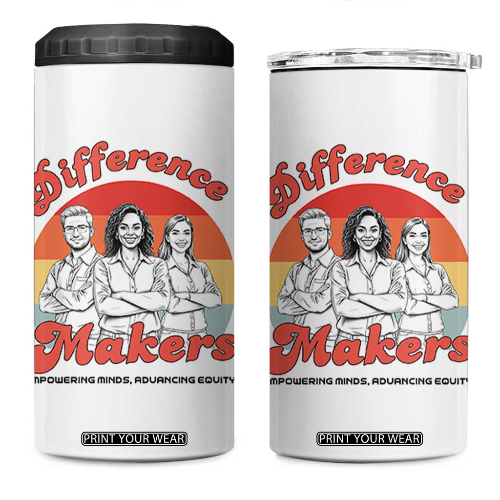 Difference Makers Teacher Appreciation 4 in 1 Can Cooler Tumbler Empowering Minds & Advancing Equity Retro Educator TS02 One Size: 16 oz White Print Your Wear