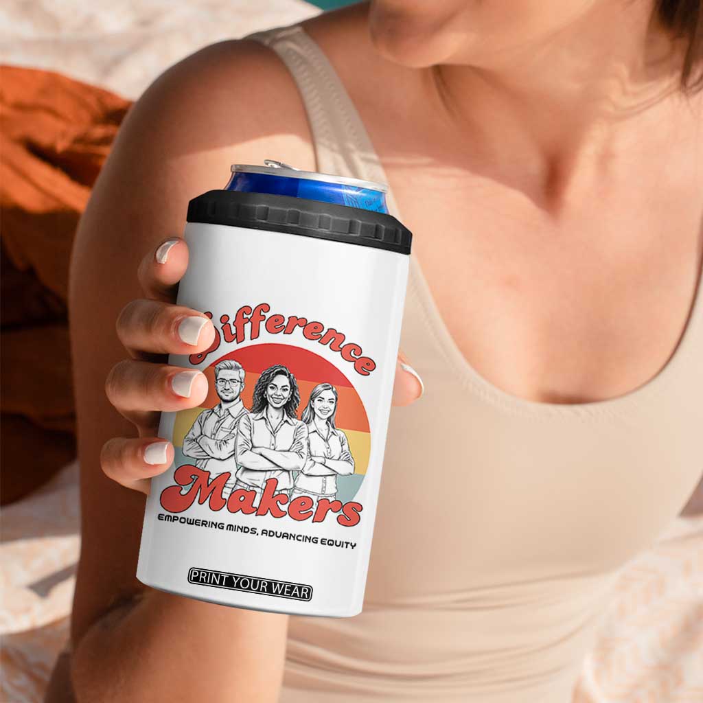 Difference Makers Teacher Appreciation 4 in 1 Can Cooler Tumbler Empowering Minds & Advancing Equity Retro Educator TS02 Print Your Wear