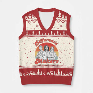 Difference Makers Teacher Appreciation V-Neck Knit Sweater Vest Empowering Minds & Advancing Equity Retro Educator TS02 Beige Red Print Your Wear