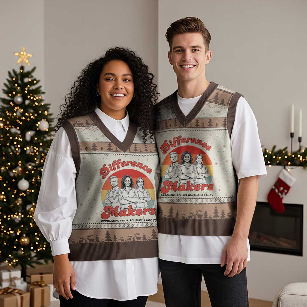 Difference Makers Teacher Appreciation V-Neck Knit Sweater Vest Empowering Minds & Advancing Equity Retro Educator TS02 Mocha Mousse Print Your Wear