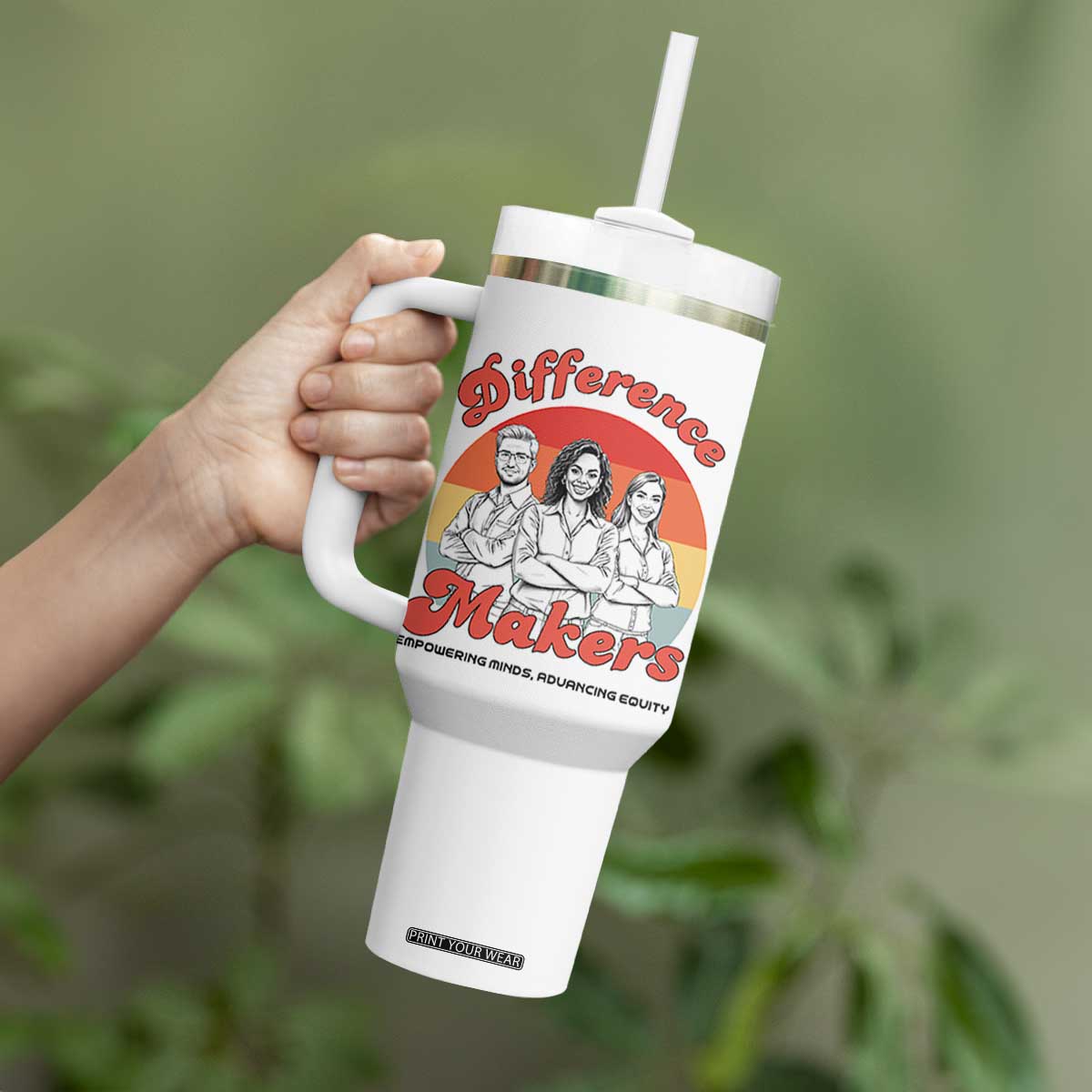 Difference Makers Teacher Appreciation Tumbler With Handle Empowering Minds & Advancing Equity Retro Educator TS02 Print Your Wear