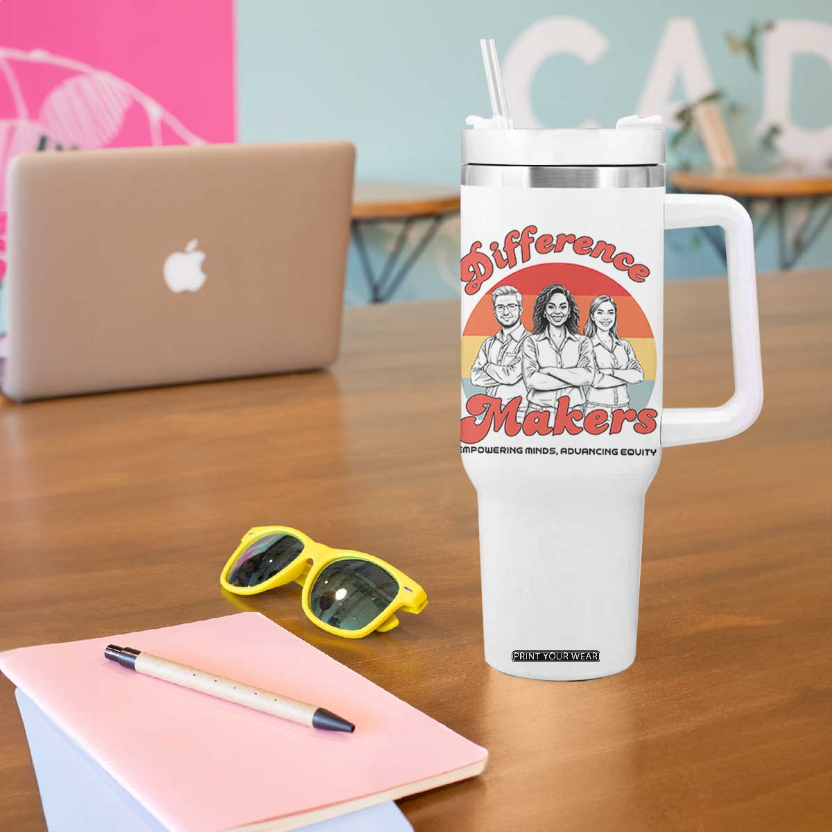 Difference Makers Teacher Appreciation Tumbler With Handle Empowering Minds & Advancing Equity Retro Educator TS02 Print Your Wear
