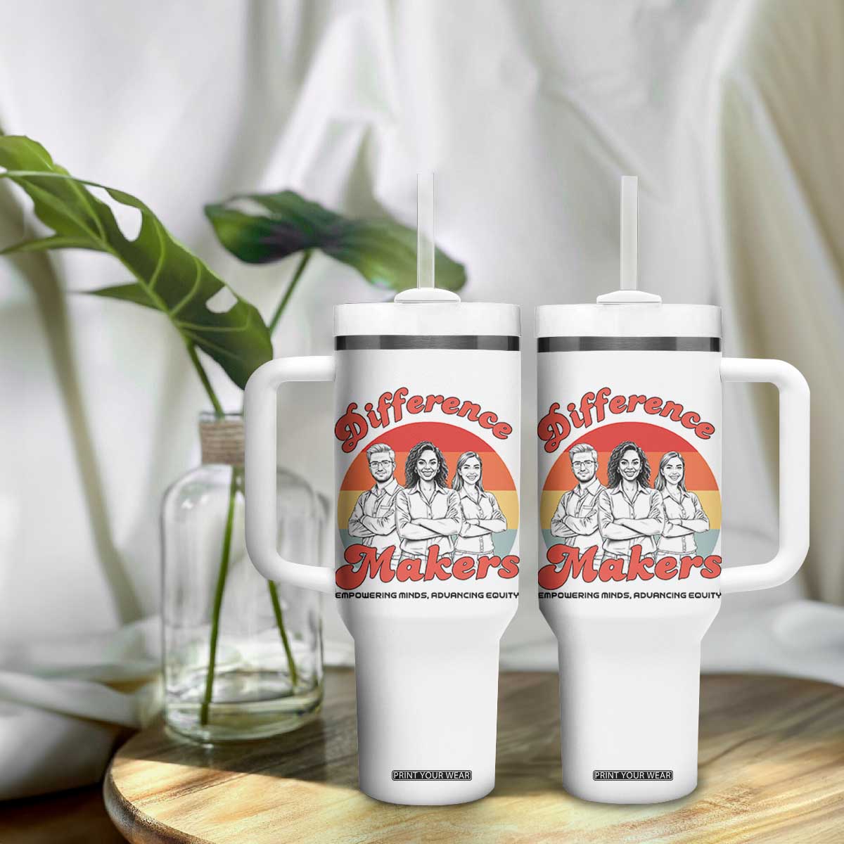 Difference Makers Teacher Appreciation Tumbler With Handle Empowering Minds & Advancing Equity Retro Educator TS02 Print Your Wear
