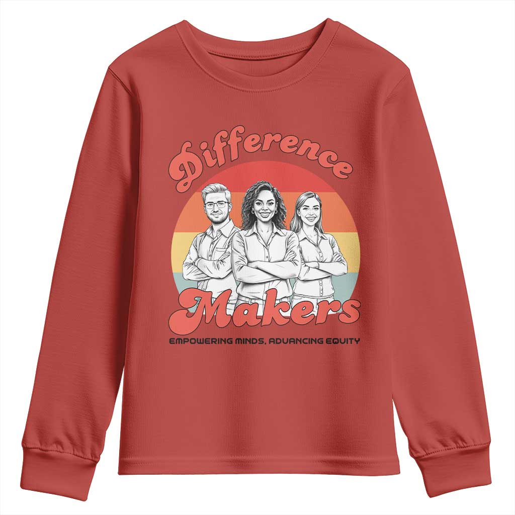 Difference Makers Teacher Appreciation Youth Sweatshirt Empowering Minds & Advancing Equity Retro Educator TS02 Red Print Your Wear