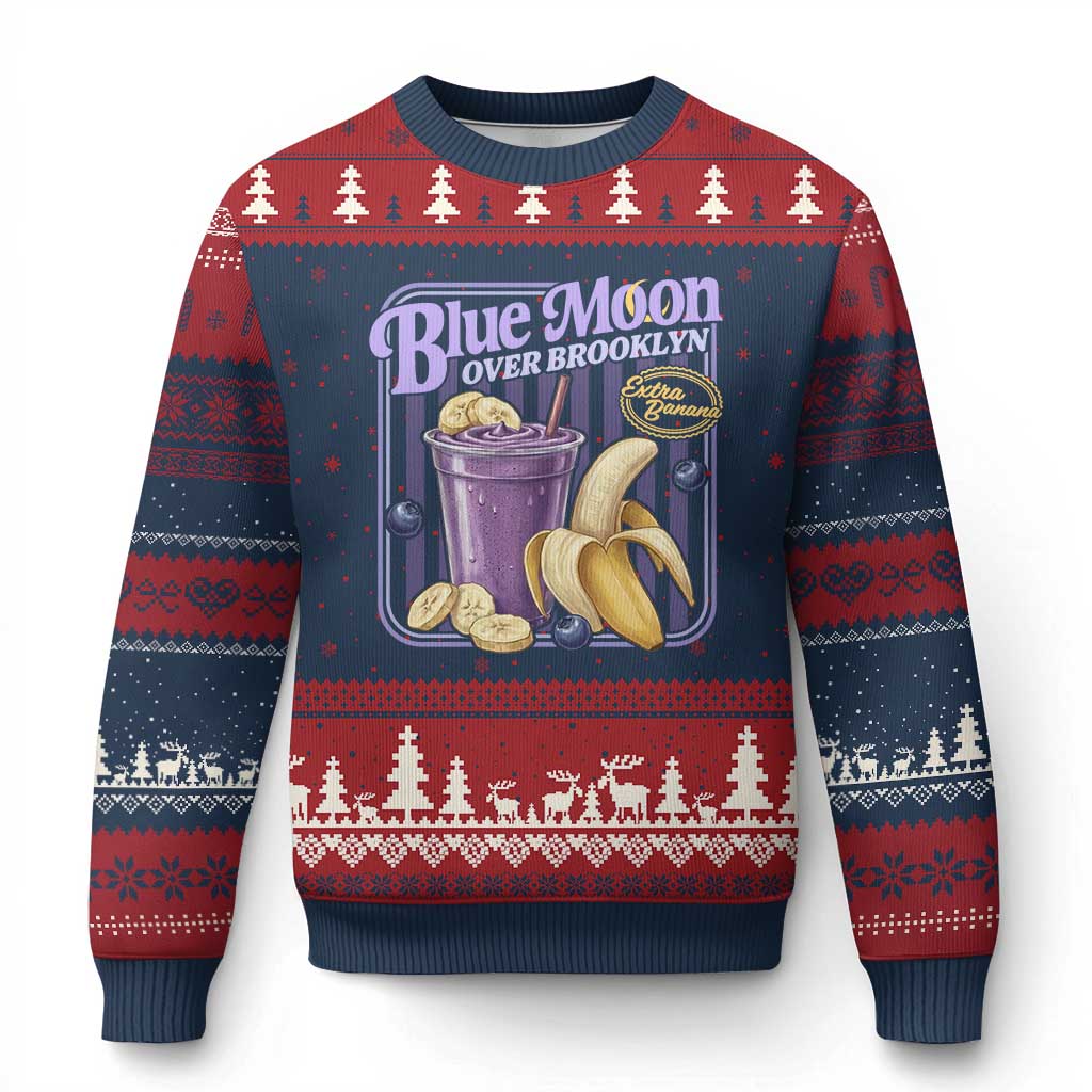Blue Moon Over Brooklyn Banana Smoothie Aesthetic Ugly Christmas Sweater Extra Banana Hockey Romance Retro Style TS02 Navy Red Print Your Wear