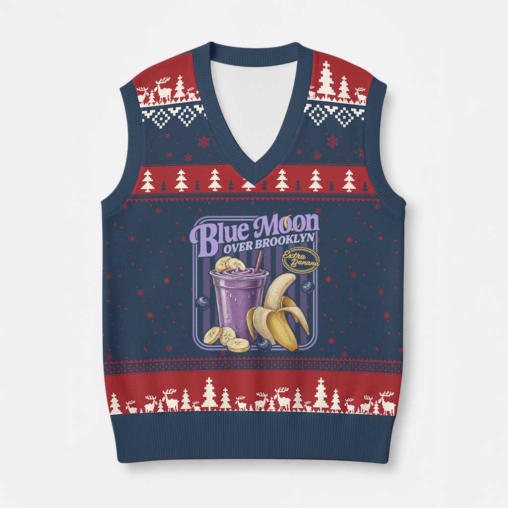 Blue Moon Over Brooklyn Banana Smoothie Aesthetic V-Neck Knit Sweater Vest Extra Banana Hockey Romance Retro Style TS02 Navy Red Print Your Wear