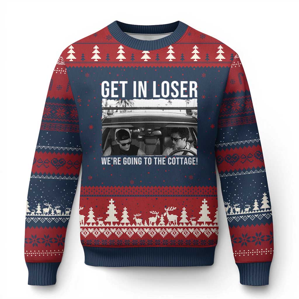 Get In Loser We're Going To The Cottage Ugly Christmas Sweater Funny Hockey Romance Road Trip Summer TS02 Navy Red Print Your Wear