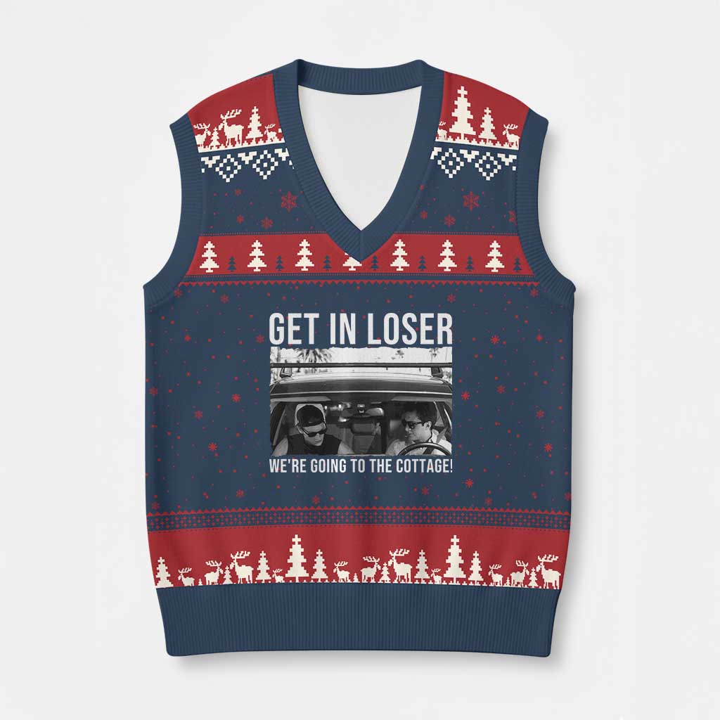 Get In Loser We're Going To The Cottage V-Neck Knit Sweater Vest Funny Hockey Romance Road Trip Summer - Print Your Wear