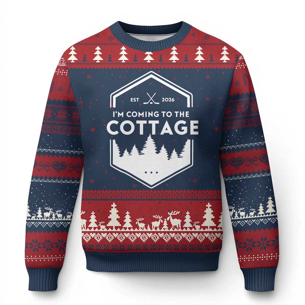 I'm Coming to the Cottage Ugly Christmas Sweater Rustic Outdoor Retro Forest Hockey Romance TS02 Navy Red Print Your Wear