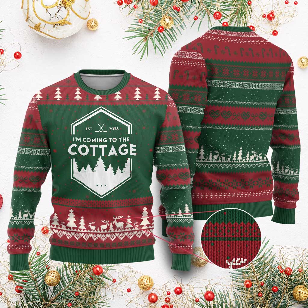 I'm Coming to the Cottage Ugly Christmas Sweater Rustic Outdoor Retro Forest Hockey Romance TS02 Red Green Print Your Wear