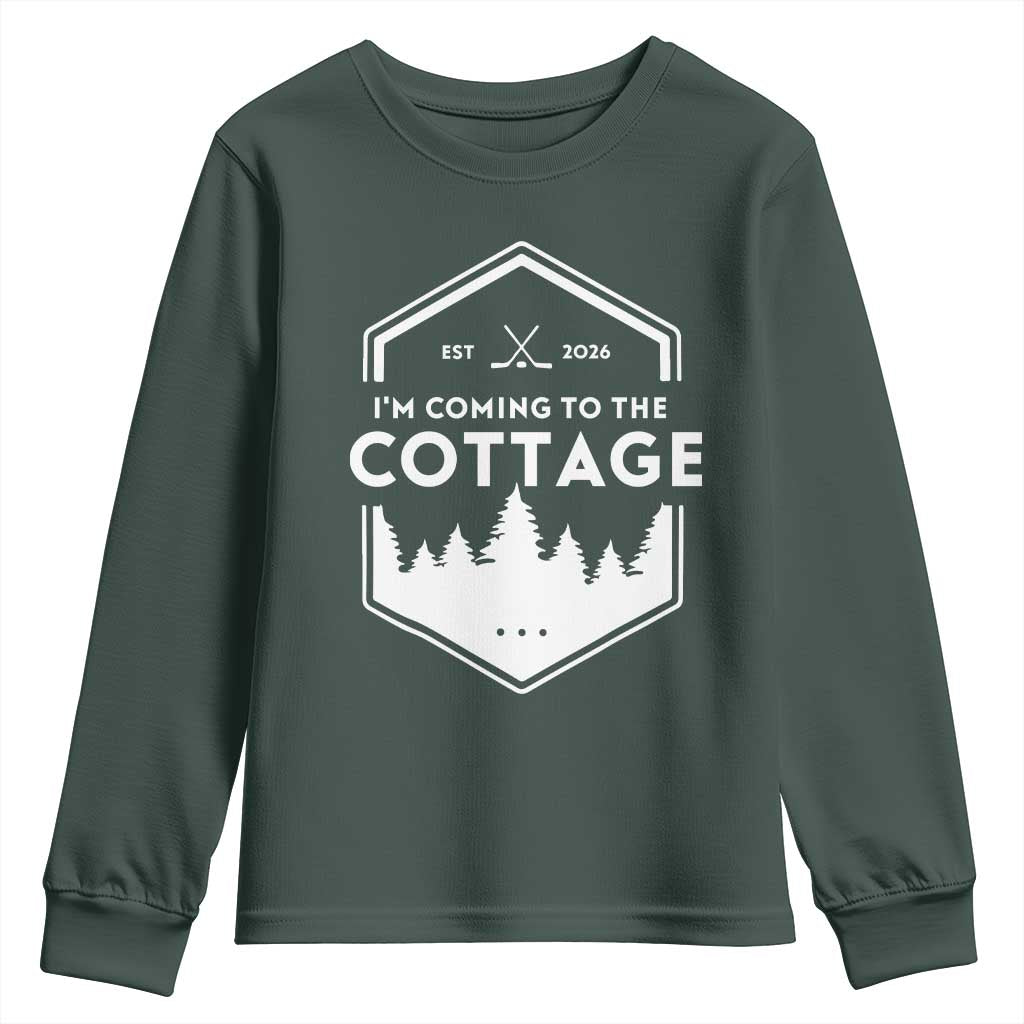 I'm Coming to the Cottage Youth Sweatshirt Rustic Outdoor Retro Forest Hockey Romance TS02 Dark Forest Green Print Your Wear