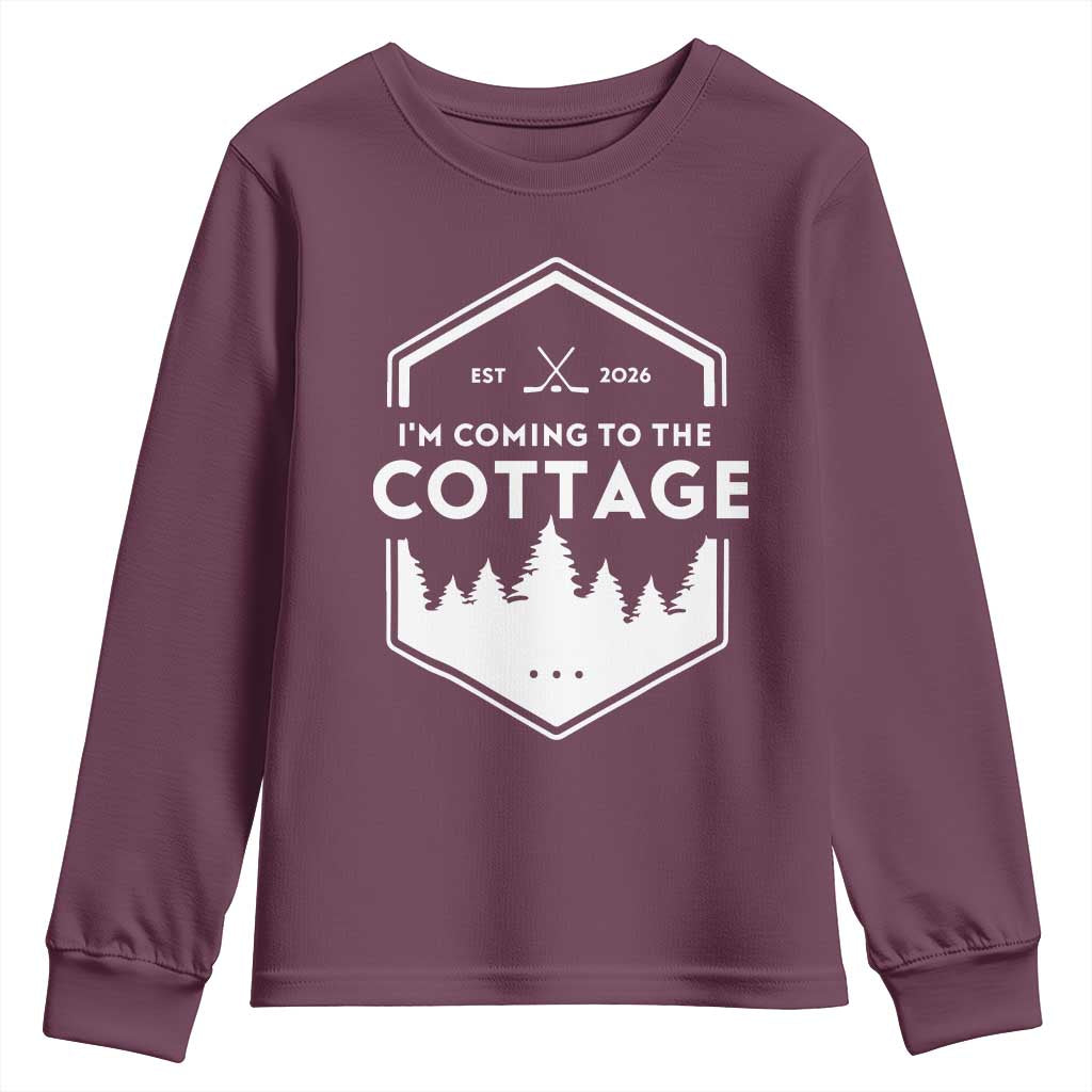 I'm Coming to the Cottage Youth Sweatshirt Rustic Outdoor Retro Forest Hockey Romance TS02 Maroon Print Your Wear