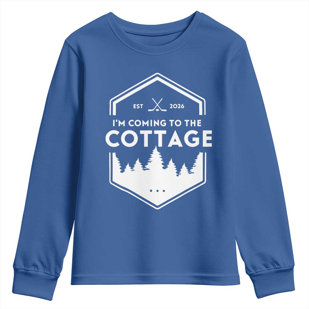 I'm Coming to the Cottage Youth Sweatshirt Rustic Outdoor Retro Forest Hockey Romance TS02 Royal Blue Print Your Wear