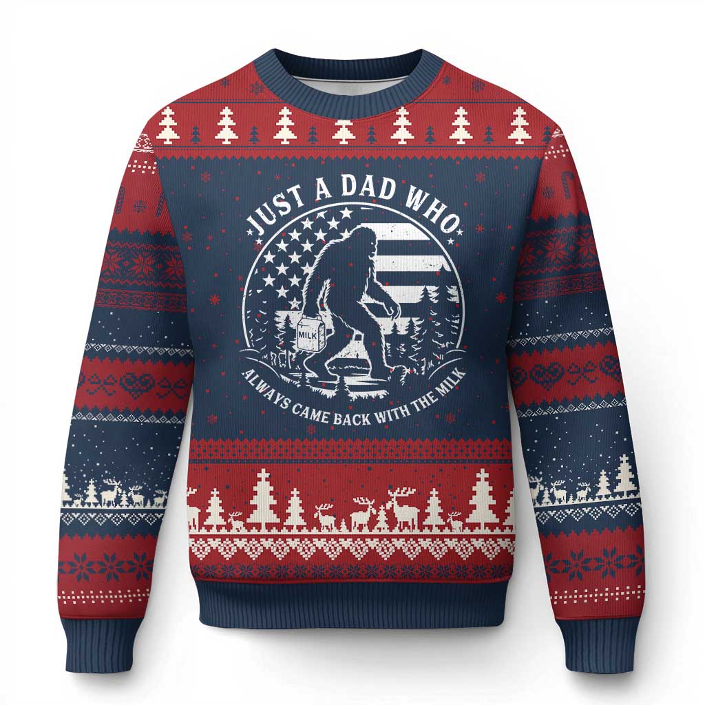 Just a Dad Who Came Back with the Milk Ugly Christmas Sweater Funny Bigfoot Father's Day Sasquatch TS02 Navy Red Print Your Wear