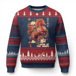 Year of the Horse Chinese New Year Ugly Christmas Sweater Floral Zodiac Horse Lunar Festival TS02 Navy Red Print Your Wear