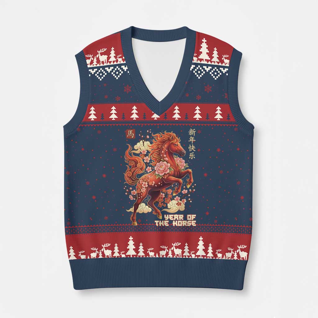 Year of the Horse Chinese New Year V-Neck Knit Sweater Vest Floral Zodiac Horse Lunar Festival TS02 Navy Red Print Your Wear