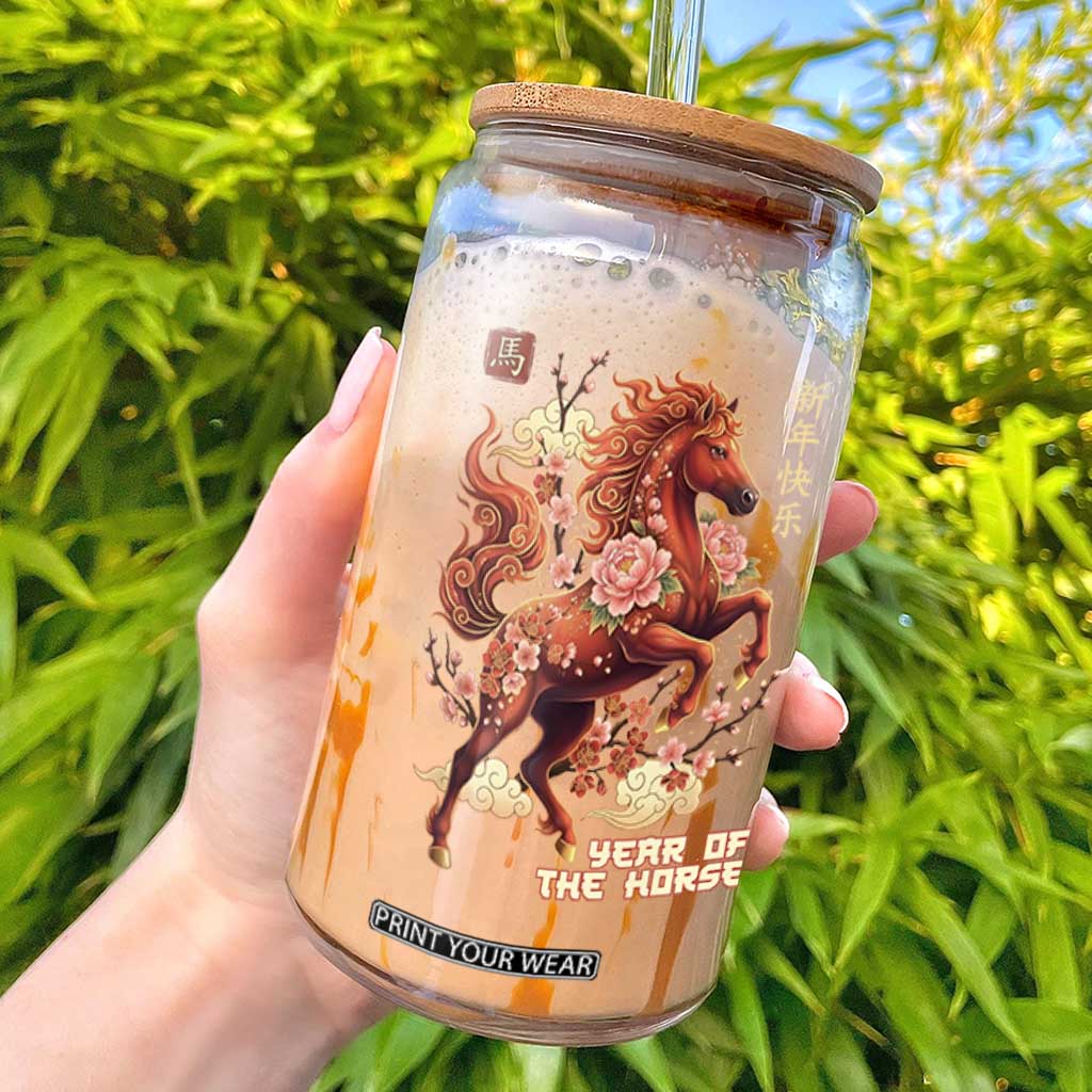 Year of the Horse Chinese New Year Glass Can Floral Zodiac Horse Lunar Festival TS02 Black Print Your Wear