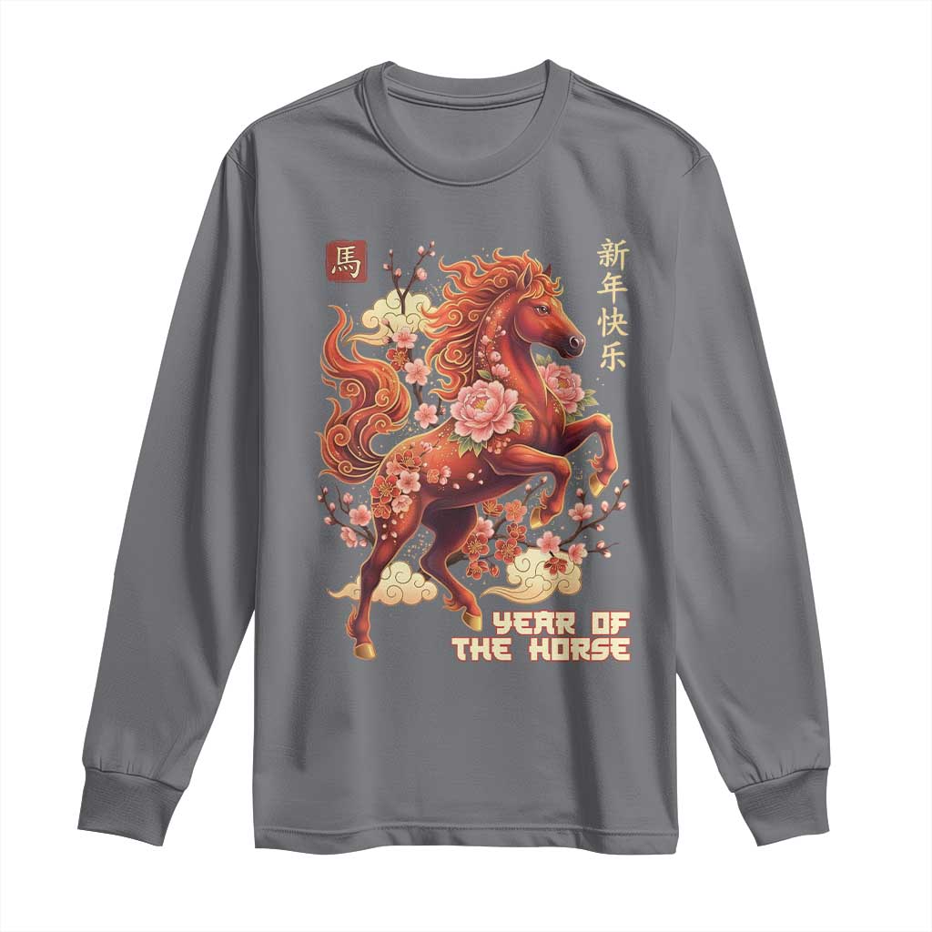 Year of the Horse Chinese New Year Long Sleeve Shirt Floral Zodiac Horse Lunar Festival TS02 Charcoal Print Your Wear