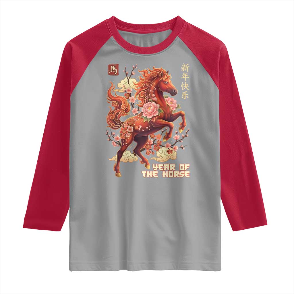 Year of the Horse Chinese New Year Raglan Shirt Floral Zodiac Horse Lunar Festival TS02 Sport Gray Red Print Your Wear
