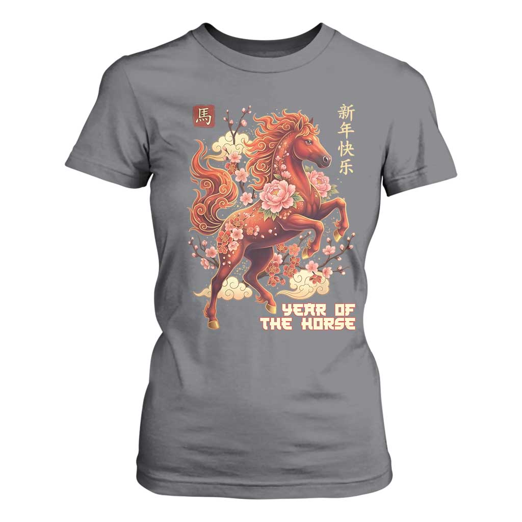 Year of the Horse Chinese New Year T Shirt For Women Floral Zodiac Horse Lunar Festival TS02 Charcoal Print Your Wear