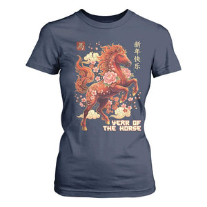 Year of the Horse Chinese New Year T Shirt For Women Floral Zodiac Horse Lunar Festival TS02 Navy Print Your Wear