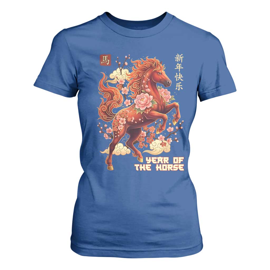 Year of the Horse Chinese New Year T Shirt For Women Floral Zodiac Horse Lunar Festival TS02 Royal Blue Print Your Wear