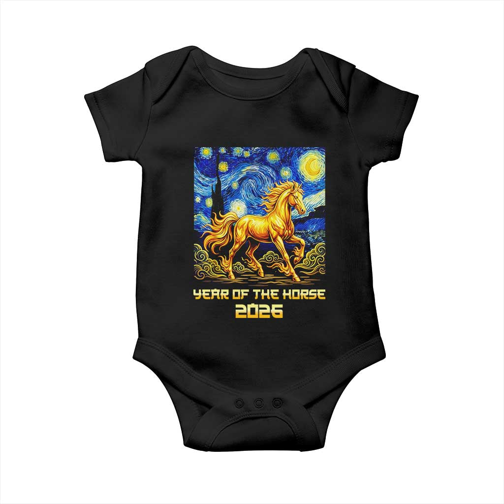 Year of the Horse Starry Night Inspired Graphic Baby Onesie Golden Horse Chinese Zodiac Art TS02 Black Print Your Wear