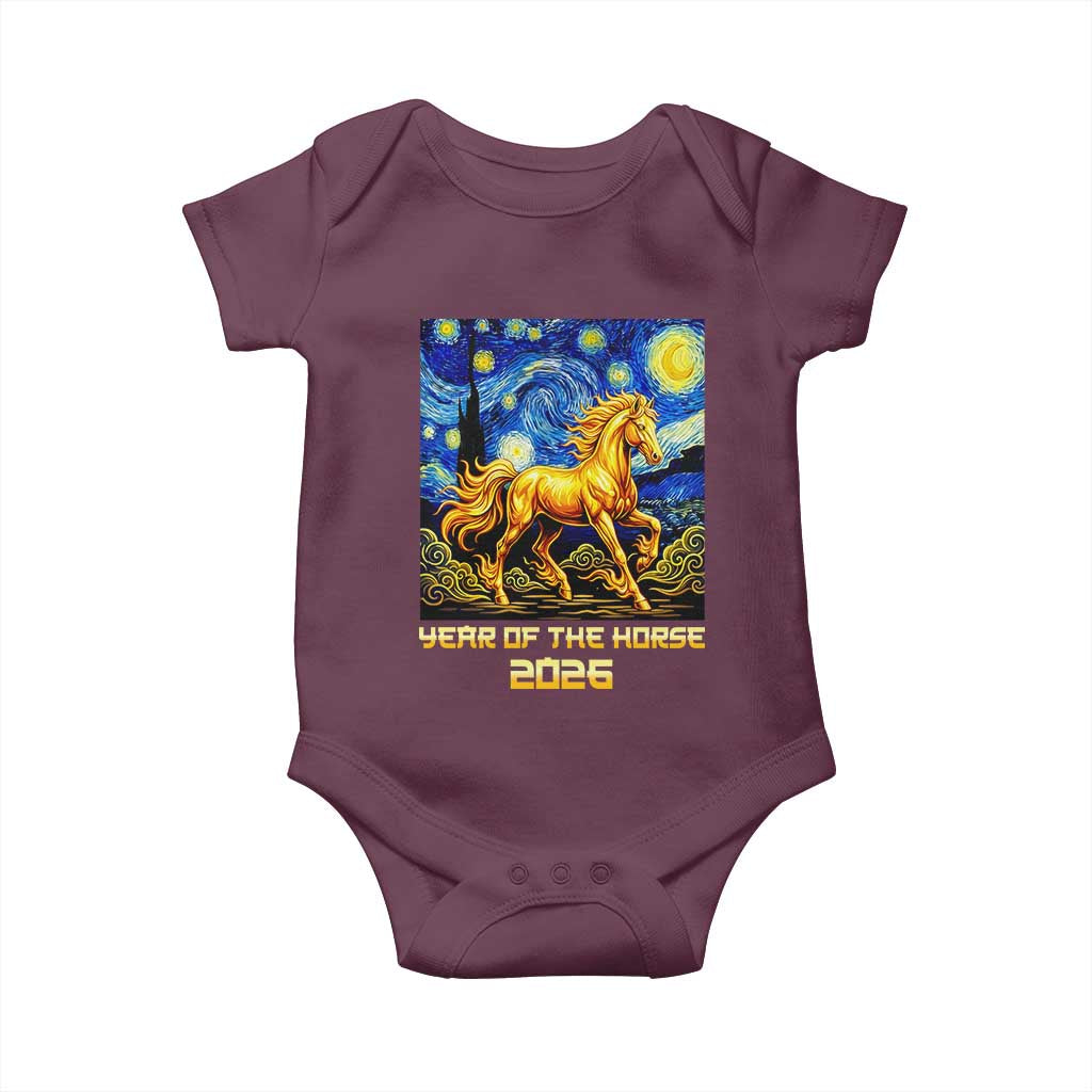 Year of the Horse Starry Night Inspired Graphic Baby Onesie Golden Horse Chinese Zodiac Art TS02 Maroon Print Your Wear