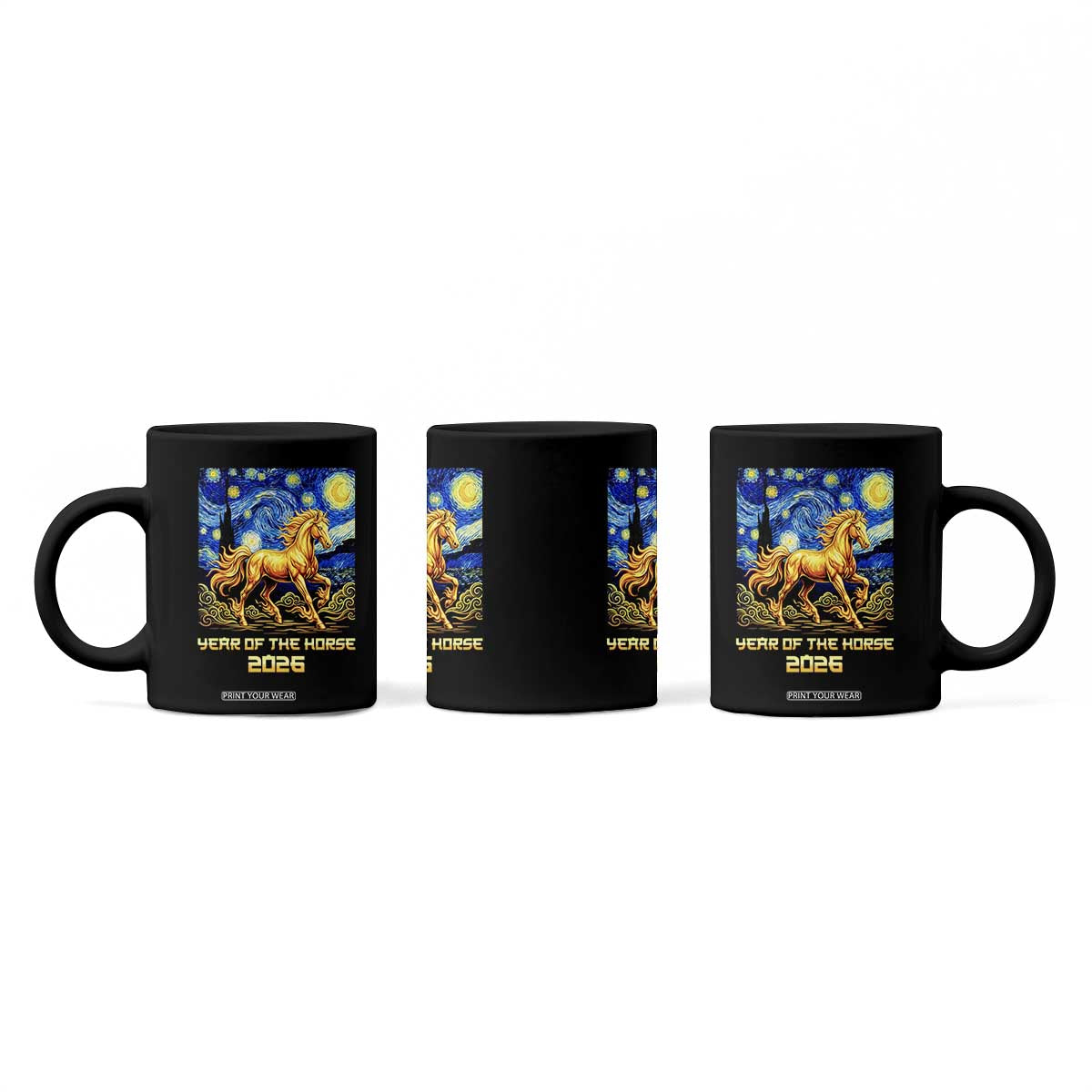 Year of the Horse Starry Night Inspired Graphic Coffee Mug Golden Horse Chinese Zodiac Art TS02 Print Your Wear