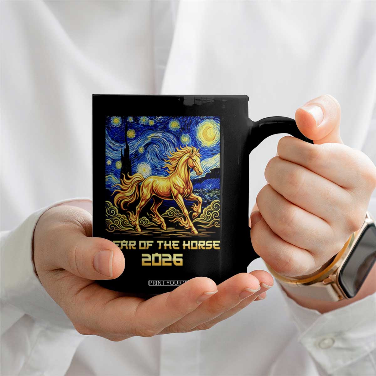 Year of the Horse Starry Night Inspired Graphic Coffee Mug Golden Horse Chinese Zodiac Art TS02 Print Your Wear