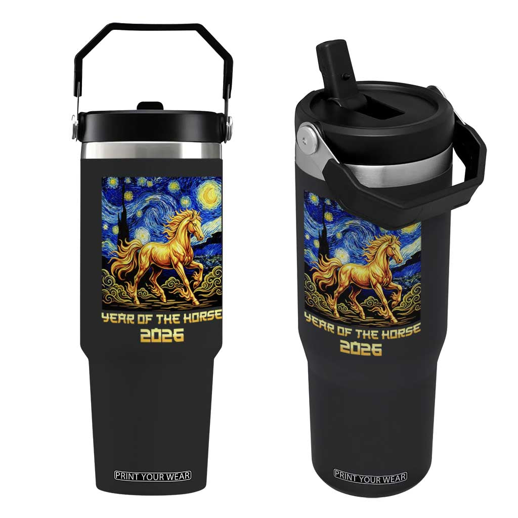 Year of the Horse Starry Night Inspired Graphic Flip Straw Tumbler Golden Horse Chinese Zodiac Art TS02 One Size: 30 oz Black Print Your Wear