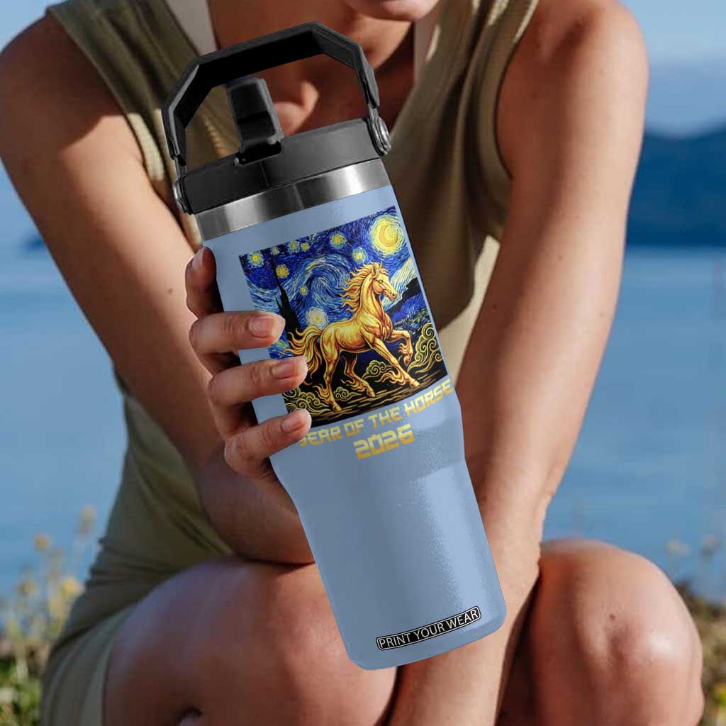 Year of the Horse Starry Night Inspired Graphic Flip Straw Tumbler Golden Horse Chinese Zodiac Art TS02 One Size: 30 oz Light Blue Print Your Wear