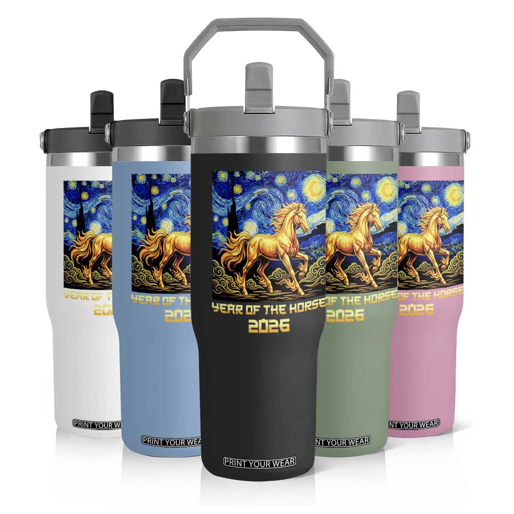 Year of the Horse Starry Night Inspired Graphic Flip Straw Tumbler Golden Horse Chinese Zodiac Art TS02 Print Your Wear