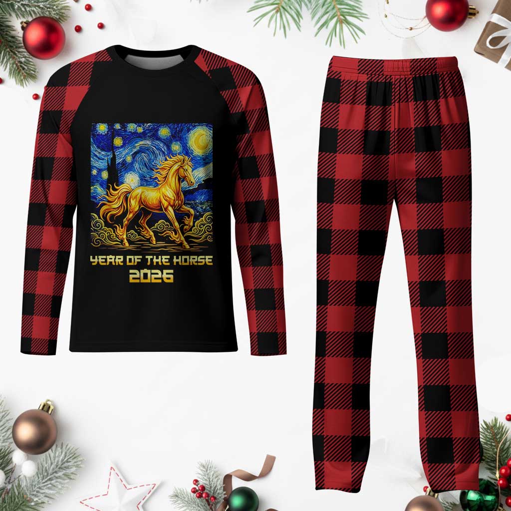 Year of the Horse Starry Night Inspired Graphic Plaid Pajama Set Golden Horse Chinese Zodiac Art TS02 Buffalo Plaid Print Your Wear