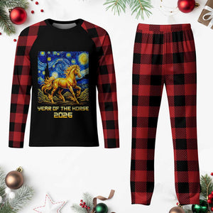 Year of the Horse Starry Night Inspired Graphic Plaid Pajama Set Golden Horse Chinese Zodiac Art TS02 Buffalo Plaid Print Your Wear