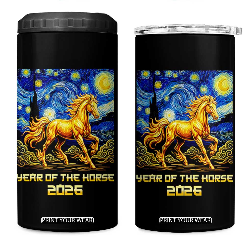 Year of the Horse Starry Night Inspired Graphic 4 in 1 Can Cooler Tumbler Golden Horse Chinese Zodiac Art TS02 One Size: 16 oz Black Print Your Wear