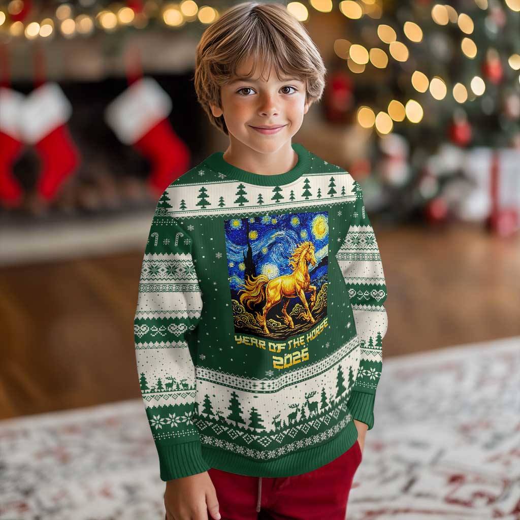 Year of the Horse Starry Night Inspired Graphic Ugly Christmas Sweater Golden Horse Chinese Zodiac Art TS02 Forest Green Beige Print Your Wear