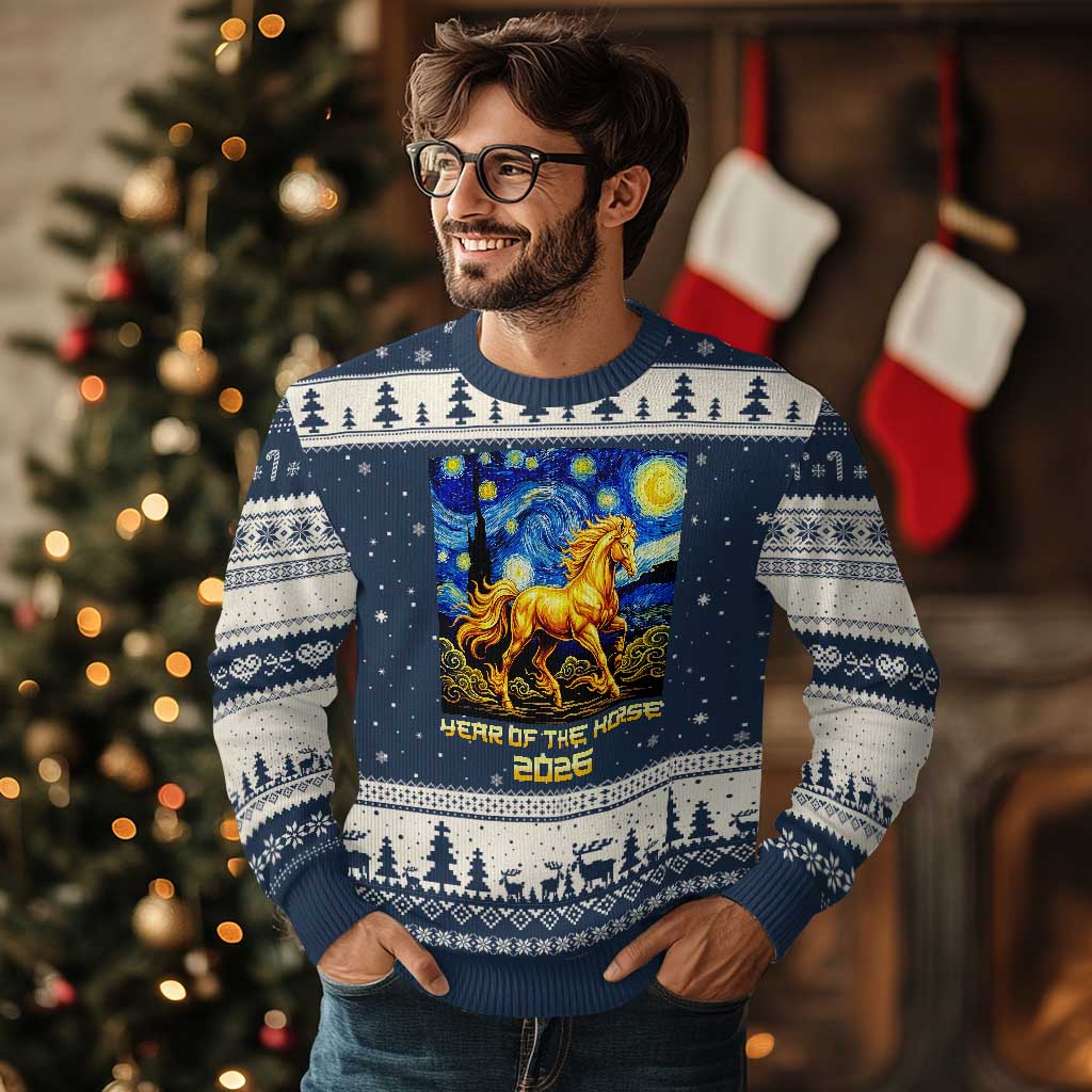 Year of the Horse Starry Night Inspired Graphic Ugly Christmas Sweater Golden Horse Chinese Zodiac Art TS02 Navy Beige Print Your Wear