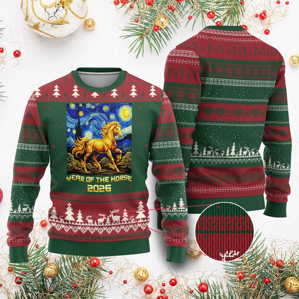Year of the Horse Starry Night Inspired Graphic Ugly Christmas Sweater Golden Horse Chinese Zodiac Art TS02 Red Green Print Your Wear