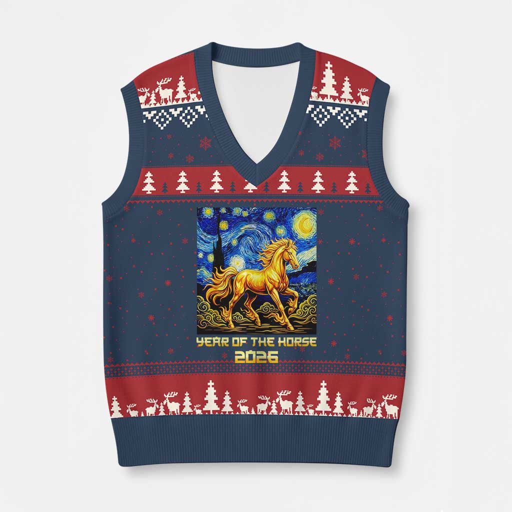 Year of the Horse Starry Night Inspired Graphic V-Neck Knit Sweater Vest Golden Horse Chinese Zodiac Art TS02 Navy Red Print Your Wear