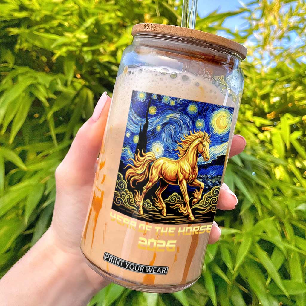 Year of the Horse Starry Night Inspired Graphic Glass Can Golden Horse Chinese Zodiac Art TS02 Black Print Your Wear