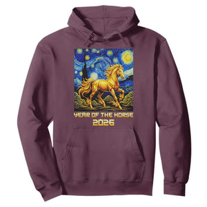 Year of the Horse Starry Night Inspired Graphic Hoodie Golden Horse Chinese Zodiac Art TS02 Maroon Print Your Wear