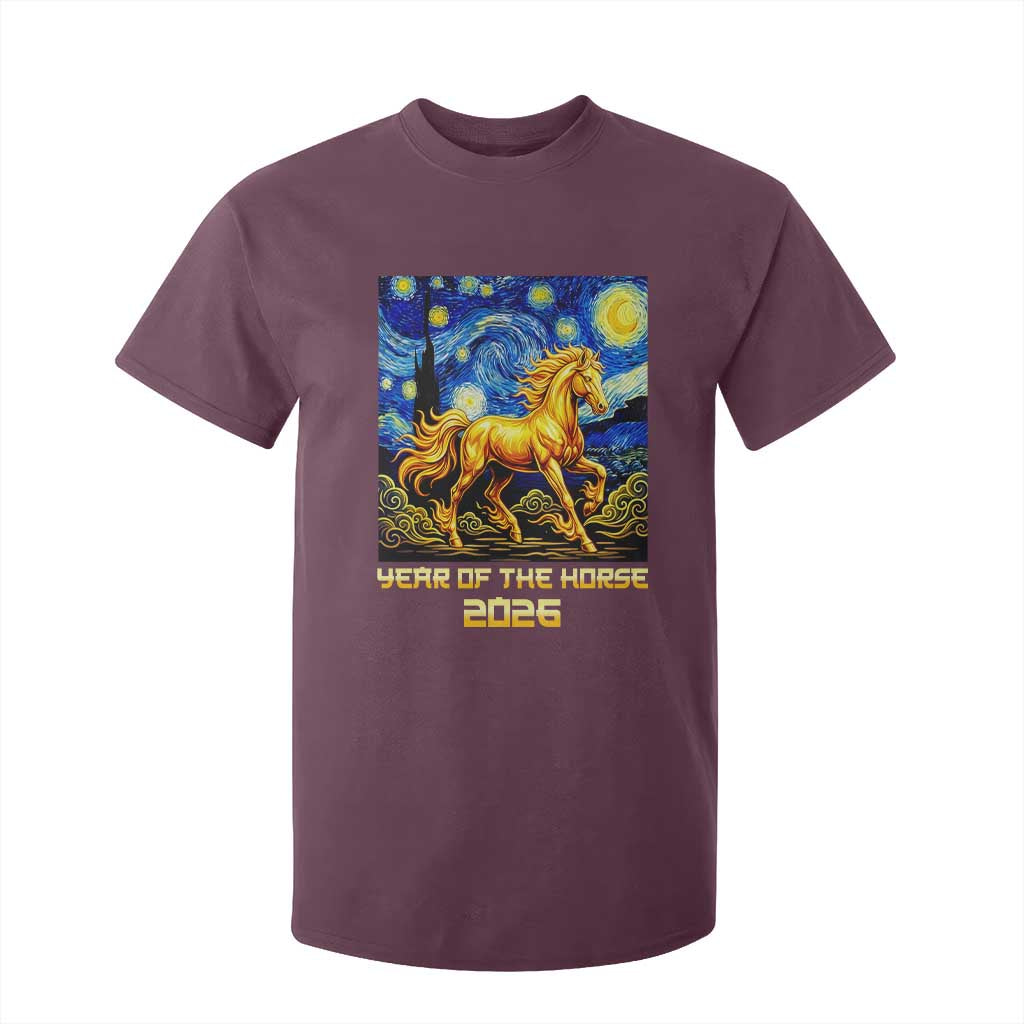 Year of the Horse Starry Night Inspired Graphic T Shirt For Kid Golden Horse Chinese Zodiac Art TS02 Maroon Print Your Wear